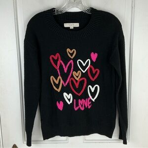 LOFT Love Crewneck Sweater Ribbed Trim Embroidered Hearts XS